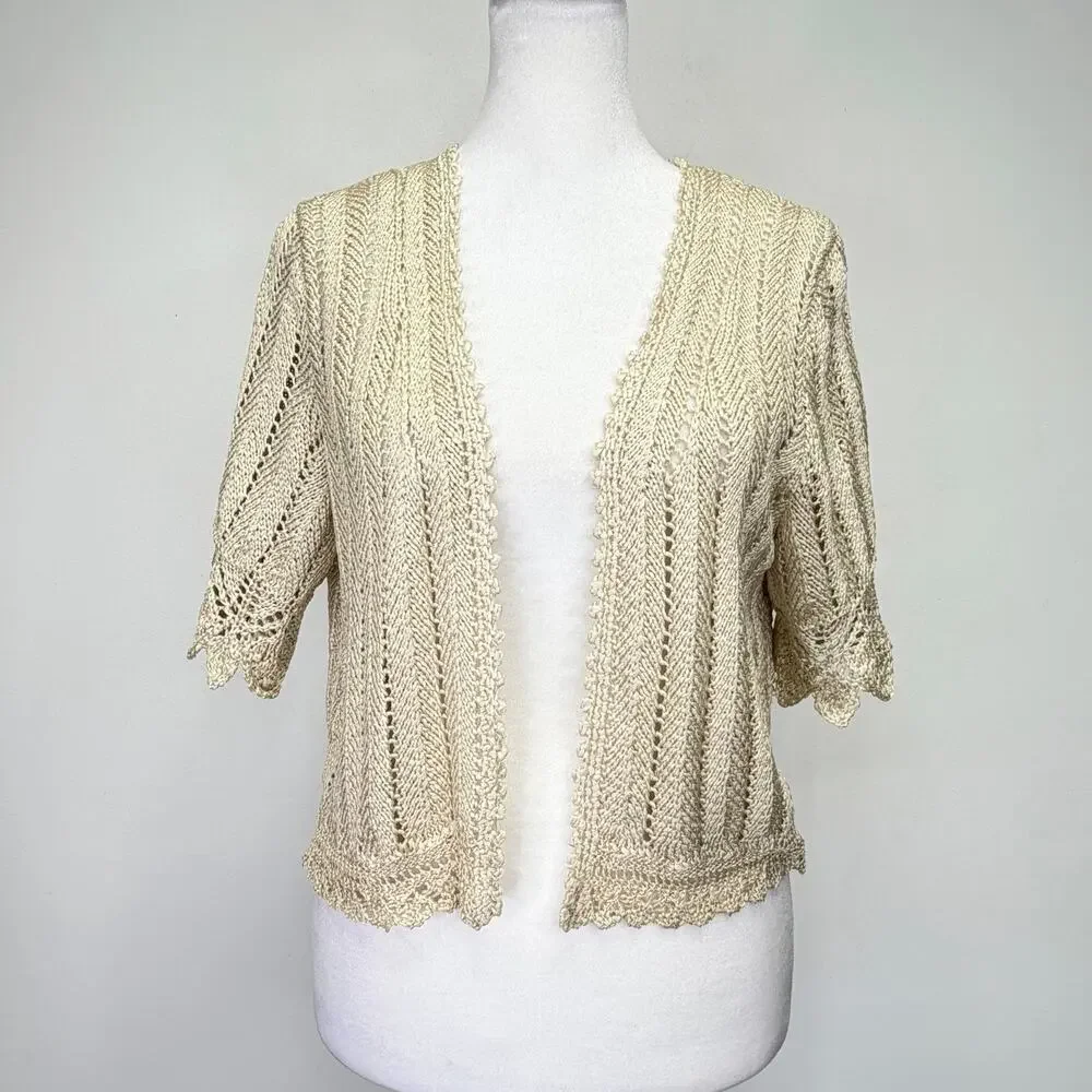 RALPH LAUREN Silk Crochet Cardigan Open Front Beige Womens L Cottagecore Boho - Picture 2 of 8